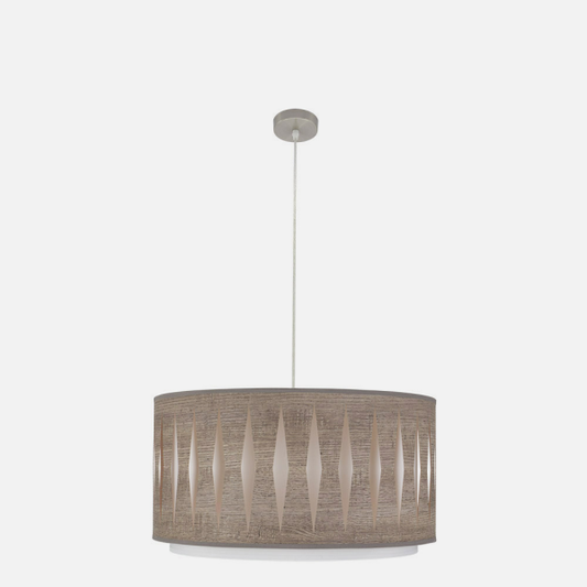 Colgante Alexandra de Abrila en níquel y madera gris, diseño moderno étnico de 50x50 cm con 2 casquillos E27, ideal para iluminación interior y decoración doméstica con toques textil y metal.