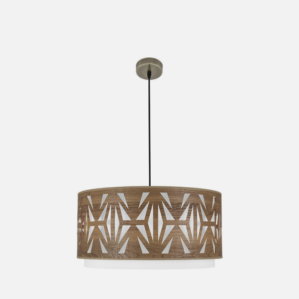 Colgante Katerina de Abrila en cuero y madera oscura de 60 cm, lámpara moderna de iluminación interior con luz difusa para decoración de hogar u oficina, diseño textil y metal (código 177996084)