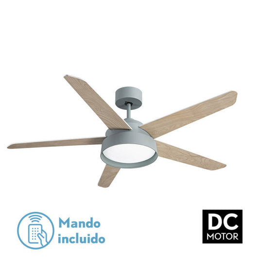 Ventilador de techo Lebeche verde con 5 aspas reversibles, motor DC eficiente y LED integrado, modelo Abrila 180791506 para interior doméstico, diseño en blanco-haya ideal para ventilación fresca en hogares.