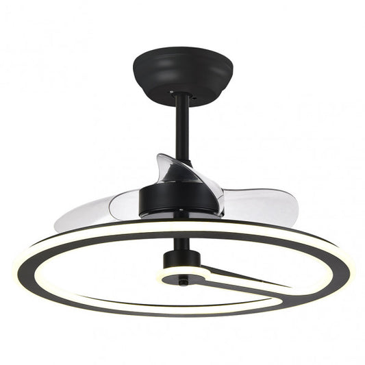 Ventilador de techo Chom negro 110W DC de Abrila con motor eficiente, 6 velocidades, control remoto, luz LED integrada regulable, temporizador y diseño moderno para interiores domésticos.