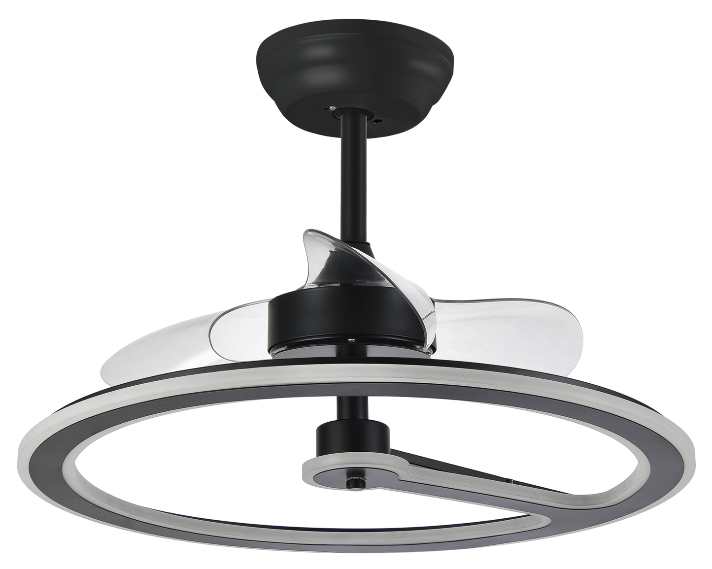 Ventilador de techo Chom negro 110W DC de Abrila modelo 182891309 con motor DC eficiente, 6 velocidades, control remoto, luz LED integrada regulable, temporizador y diseño para interiores domésticos.