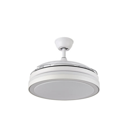 Ventilador de techo Esparta Mini, modelado en blanco, con motor DC eficiente de 72W y LED integrado de luz ajustable, perfecto para uso interior doméstico. Diseñado con aspas retráctiles para máximo rendimiento tanto en verano como en invierno por Abrir el ventilador creador de comodidad y ventilación óptima.