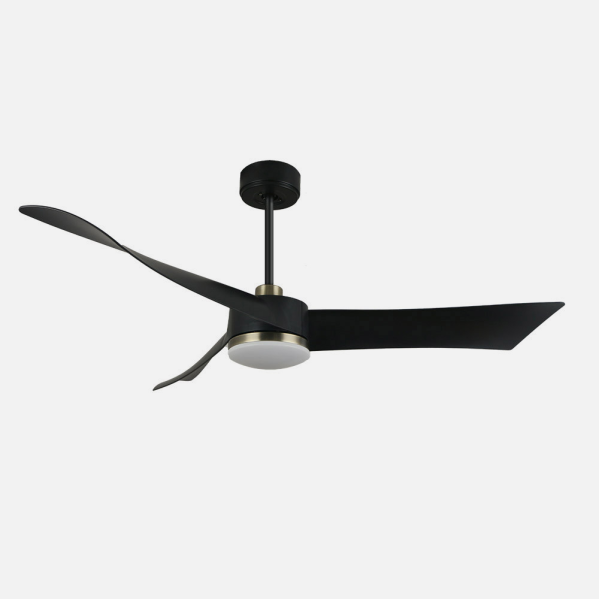 Ventilador de techo Tempel de 26W en color negro y cuero, modelo Abrila, con 6 velocidades, motor DC, iluminación LED integrada y control remoto con temporizador. Perfecto para uso interior doméstico.