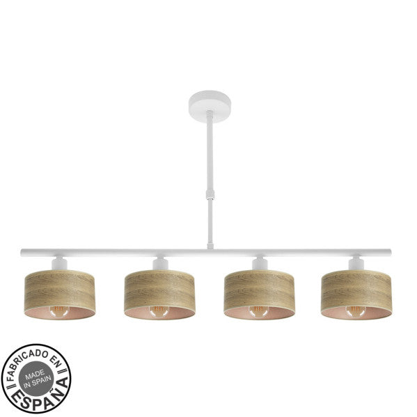 Lámpara colgante Gilda de 4 luces en blanco y madera clara, diseño moderno vintage de Abrila para decoración interior en salón o dormitorio, casquillo E14, metal y textil.
