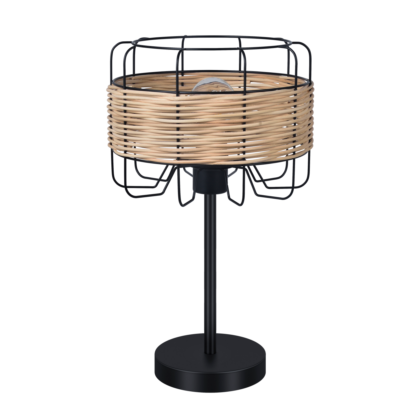 Lámpara de sobremesa Zenda en forja y ratán negro de Abrila (190571009), diseño boho chic vintage para iluminación doméstica moderna.