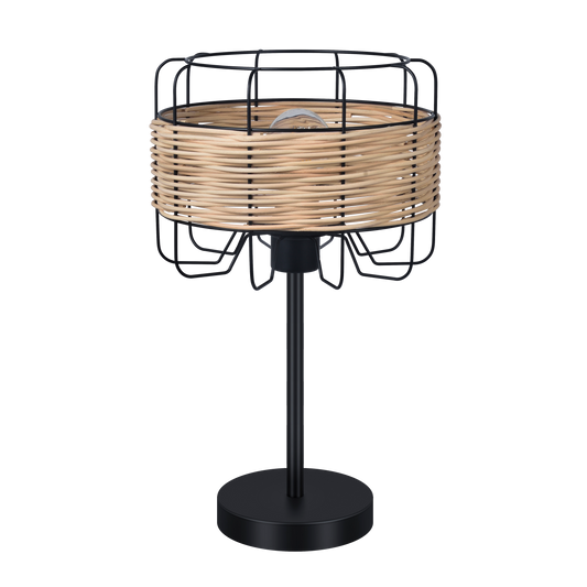 Lámpara de sobremesa Zenda en forja y ratán negro de Abrila (190571009), diseño boho chic vintage para iluminación doméstica moderna.