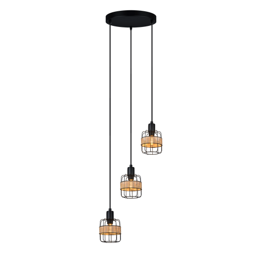 Plafón colgante Zenda 3xE14 de Abrila en forja y ratán negro, lámpara boho chic vintage para iluminación interior y decoración doméstica