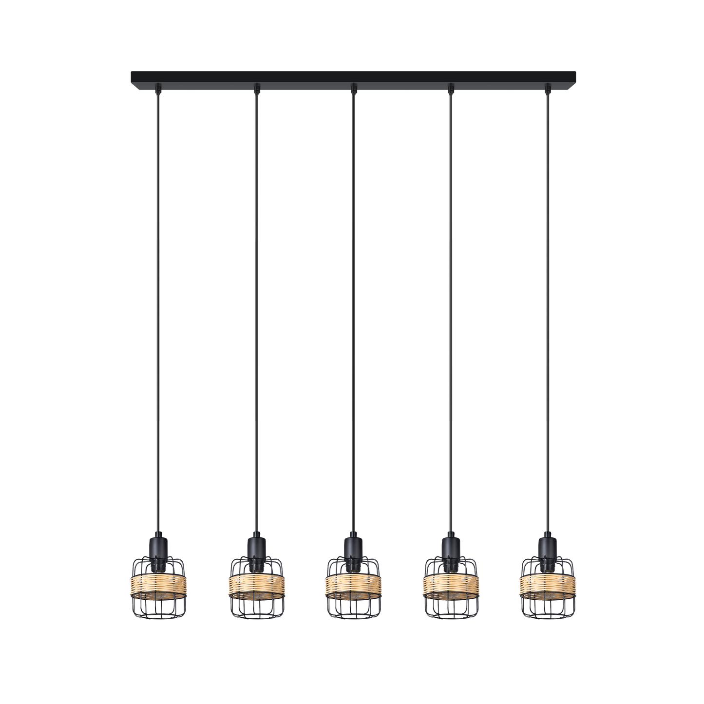 Lámpara colgante regleta Zenda 5 luces negro de Abrila, estilo boho chic vintage con forja y ratán para iluminación moderna interior