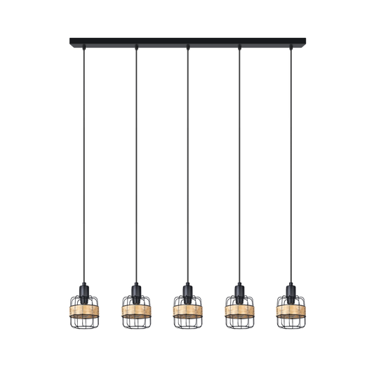 Lámpara colgante regleta Zenda 5 luces negro de Abrila, estilo boho chic vintage con forja y ratán para iluminación moderna interior