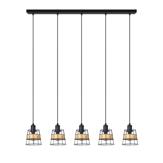 Regleta colgante Burano 5xE14 negro de Abrila, lámpara moderna forja ratán para iluminación interior boho chic vintage