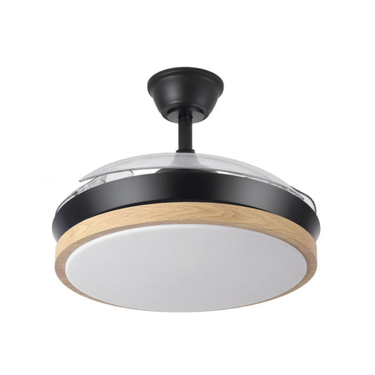 `alt=Ventilador techo DC Evros Negro/Haya 72W de Abrilia con aspas retráctiles, LED integrado y mando a distancia`