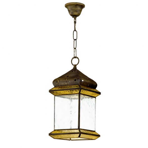 Colgante de 4 caras en estilo ambarina artesanal de Abrila, fabricado en cuero y ámbar natural con estructura de metal y cristal rústico, dimensiones 18x18 cm, ideal para decoración e iluminación en interiores domésticos, modelo 2.963-AMBAR, lámpara colgante ai2 con diseño artesanal único.