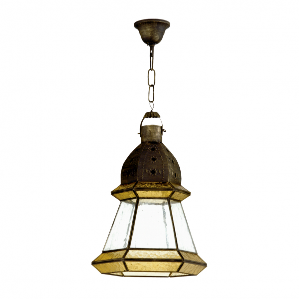 Colgante grande Ambarina de cuero y ámbar 30x30cm Abrila 2.964-AMBAR, lámpara colgante rústica de artesanía en metal, cristal y ámbar para decoración interior doméstica