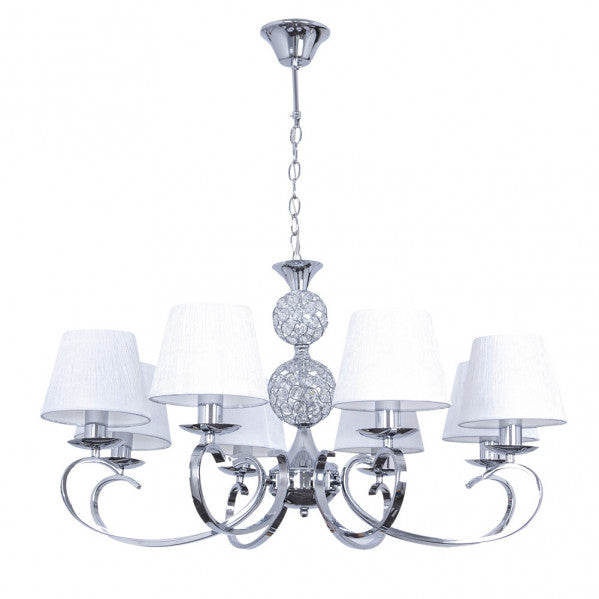 Lámpara Ordoñez 8xe14 en cromo con pantalla blanca textil de Abrila, iluminación interior clásica doméstica de metal y cristal, ocho luces regulables en altura, modelo 201658020