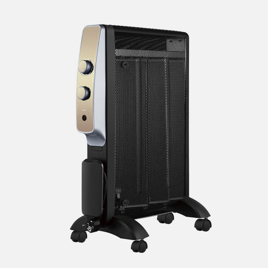 Radiador de mica portátil Abrigo 1500W en negro y oro de Abrila, con protección antivuelco y bajo consumo para calefacción doméstica interior.
