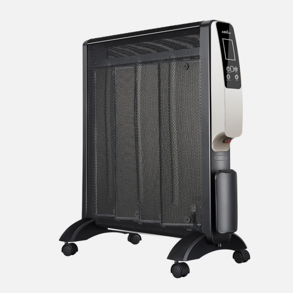 Radiador de mica Abrigo 2000W en negro y oro de Abrila, modelo 202022016, calefacción portátil doméstica AI2 para interior con ahorro de energía.