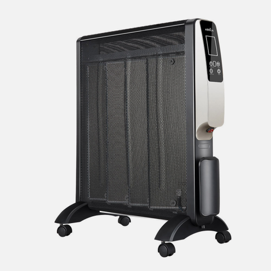 Radiador de mica Abrigo 2000W en negro y oro de Abrila, modelo 202022016, calefacción portátil doméstica AI2 para interior con ahorro de energía.
