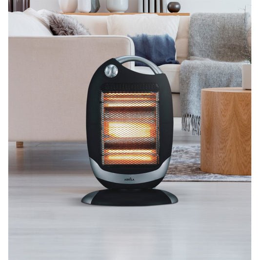 Estufa eléctrica Candente de 1200W en negro y plata, modelo Abrila 202351278, calefactor portátil oscilante con protección antivuelco para interior doméstico, fabricada en metal, ABS, policarbonato y cristal.