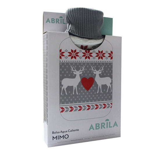 Bolsa de agua caliente Mimo 1.7L gris y rojo con diseño de renos navideños de Abrila, ideal para calefacción textil doméstica en interior y exterior, fabricada en caucho textil.