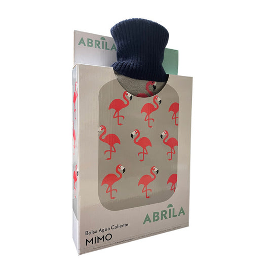Bolsa de agua caliente Mimo de 1,7L en gris con estampado de flamencos, marca Abrila, para alivio térmico y calefacción textil en caucho textil, uso doméstico interior y exterior