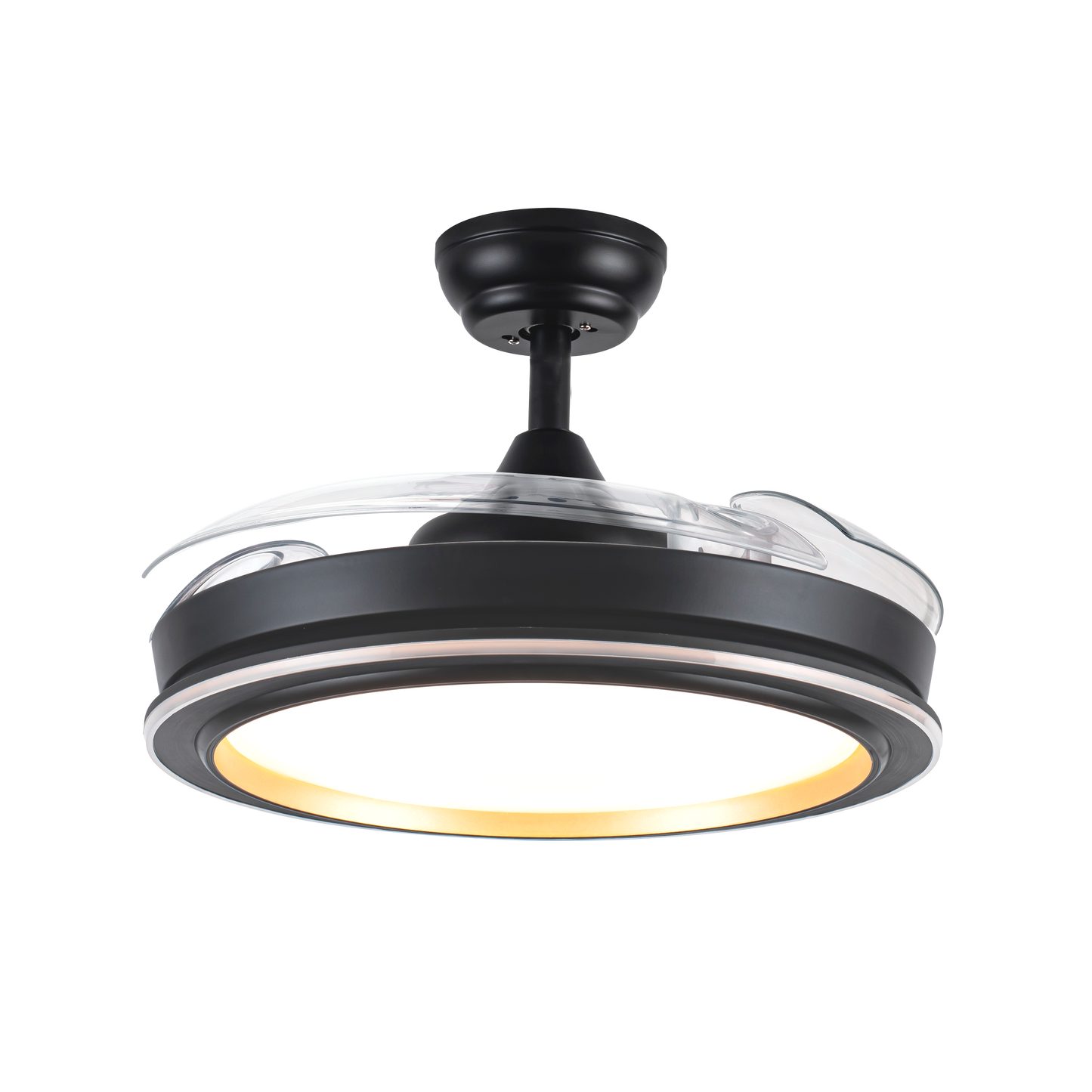 Ventilador de techo Picolo negro/oro con aspas retráctiles y LED integrado. Interior doméstico, motor DC. Eficiente en ahorro de energía. Planes Abrila.