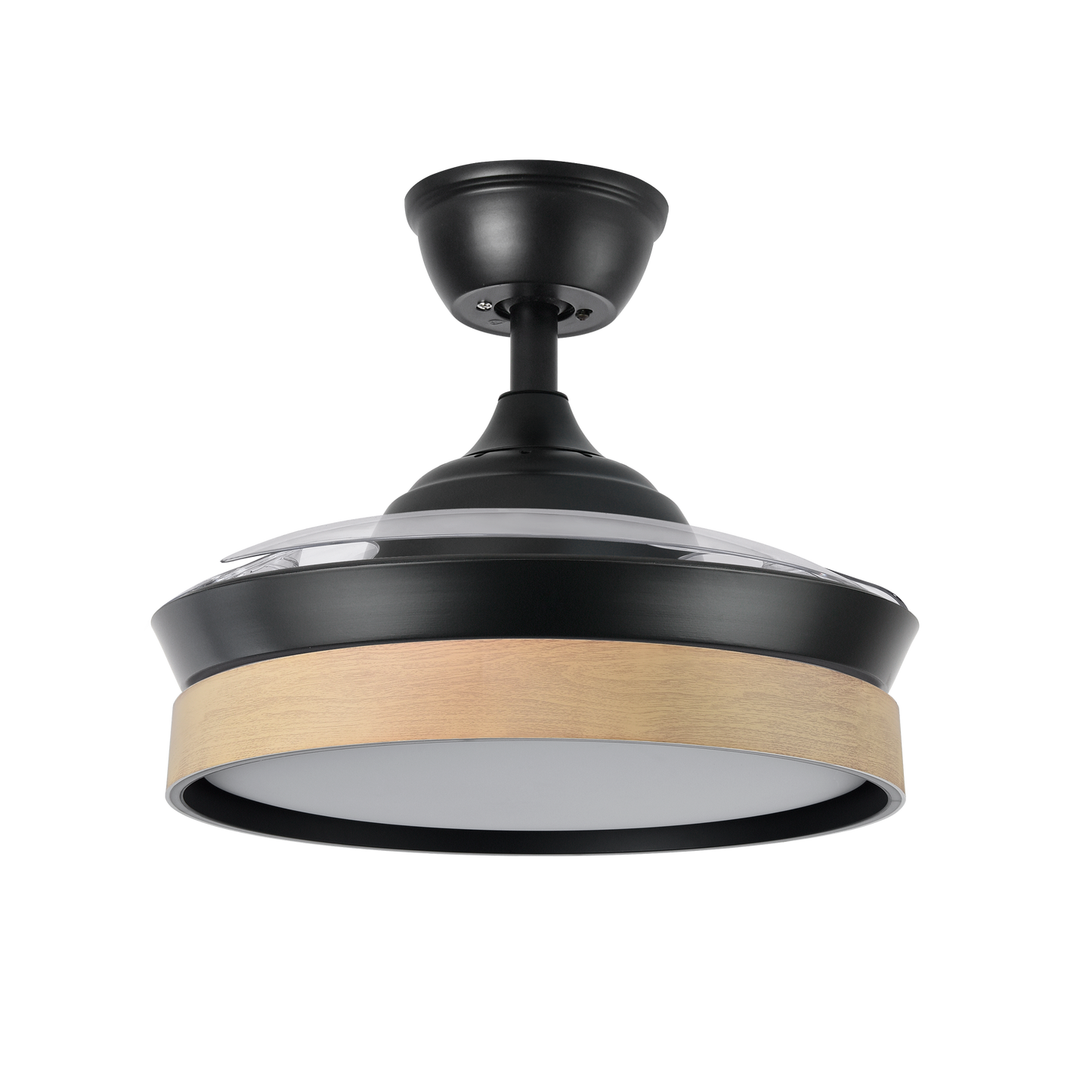 Ventilador de techo DC Iglú Negro/Haya de Abrila con aspas retráctiles y 91 cm de diámetro. Ideal para la ventilación interior doméstica con ahorro de energía gracias a su motor DC y LED integrado.