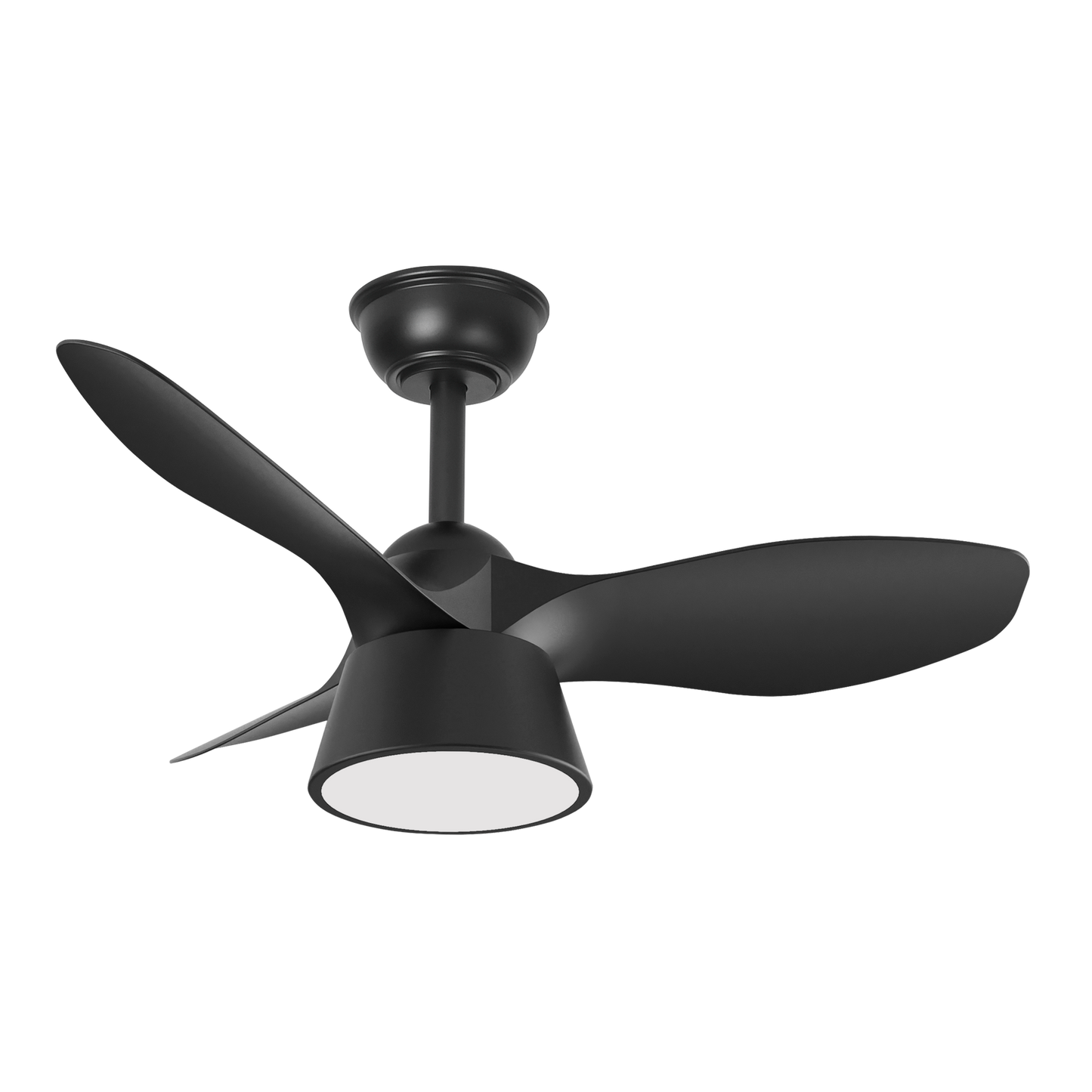 `Ventilador de techo DC cubico negro de Abrila con motor DC, 36W, diseño moderno y eficiente, ideal para uso doméstico, con luz LED integrada, materiales metal ABS policarbonato.`