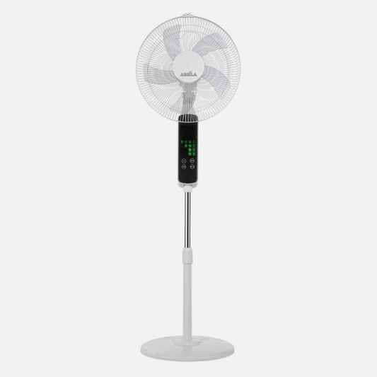 Abrila ventilador de pie Rodium en blanco de 45W con 3 velocidades. Este ventilador de pie viene con mando a distancia y temporizador, ideal para espacios domésticos interiores.
Mando ESENTIAL A DISTANCIA.
Funciona por medio de mandos (EMO) para controlar transmisión inalámbrica.
Tiene tres posiciones de alturas basculantes 8º Mo 120°.