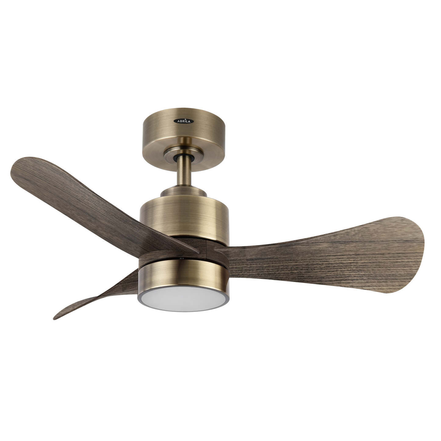 `alt=Ventilador de techo DC Zepelin en acabado cuero/roble, 18W, modelo Abrila 207791336 con control remoto y luz LED regulable, motor DC eficiente y diseño en metal y ABS policarbonato`