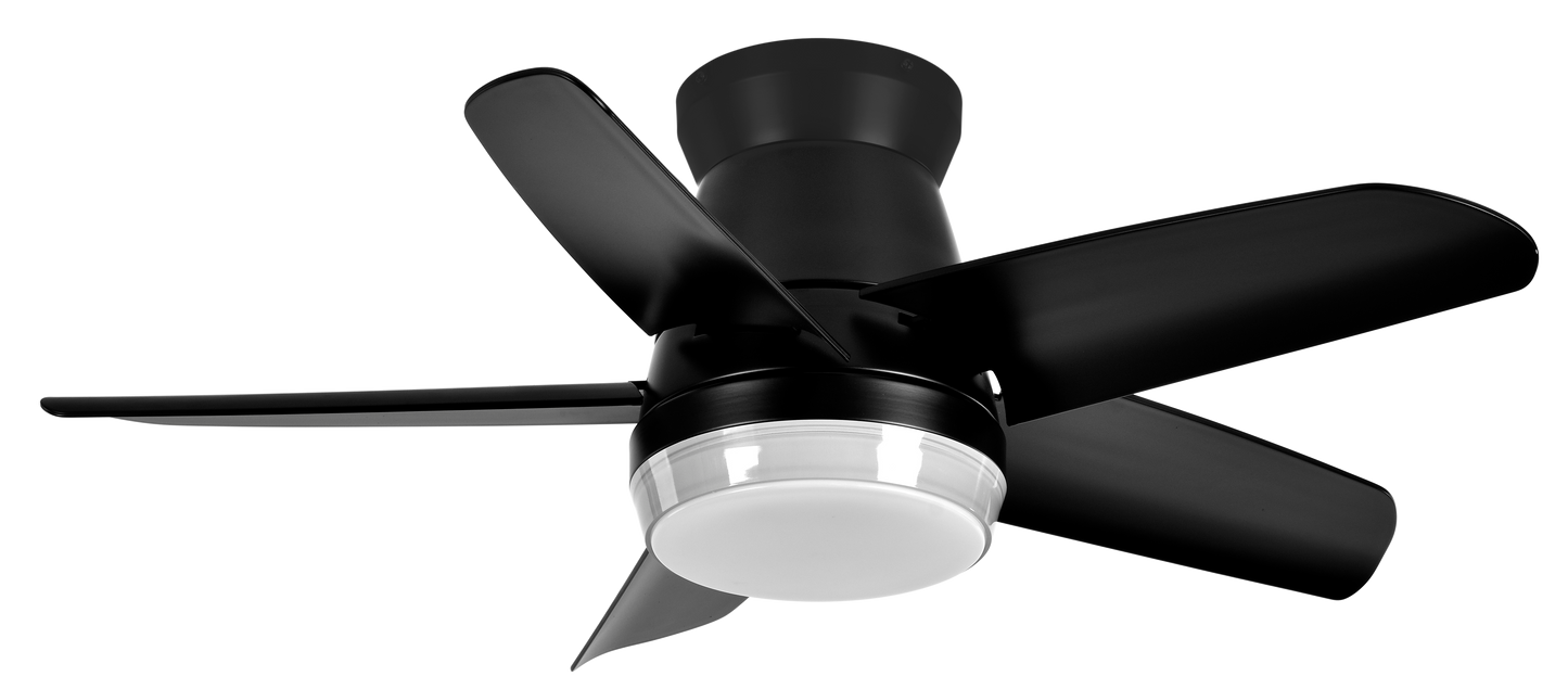 `alt=Ventilador de techo DC Neutron Negro con LED integrado, control remoto y 5 aspas por Abrila`