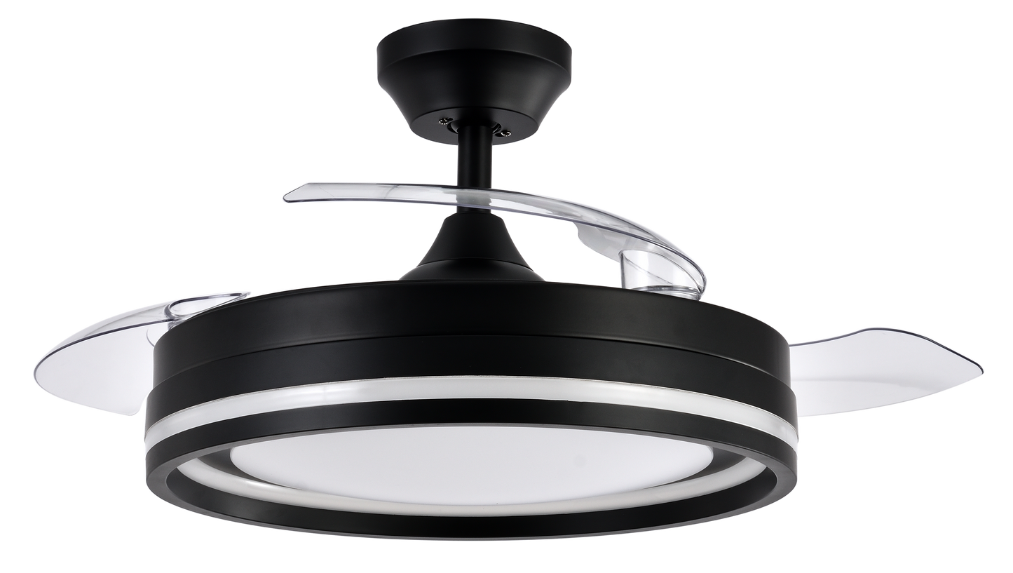 Alt texto:
Ventilador de techo Cerrato Negro Abrila con motor DC y aspas retráctiles, modelo AI2 208691309. Diseñado para uso interior doméstico, cuenta con luz LED integrada regulable y ofrece un consumo de 72W.