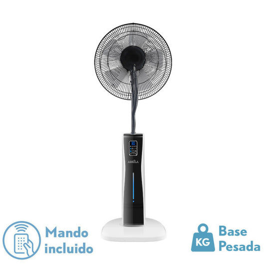 Alt texto optimizado:
Ventilador de pie Corvo Nebulizador blanco y negro, modelo Abrila 210241026, con función de climatizador, oscilante y temporizador, ideal para uso doméstico en interiores.