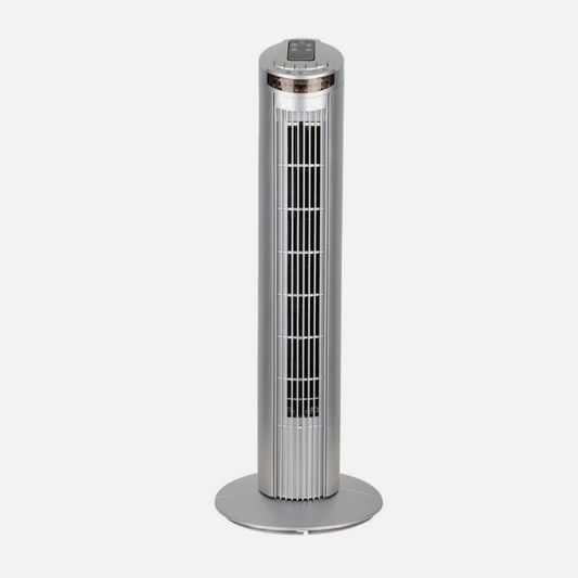 `alt=Ventilador de torre Orbigo Plata de 45W, con mando a distancia y temporizador, ideal para interiores, modelo 210771010 `