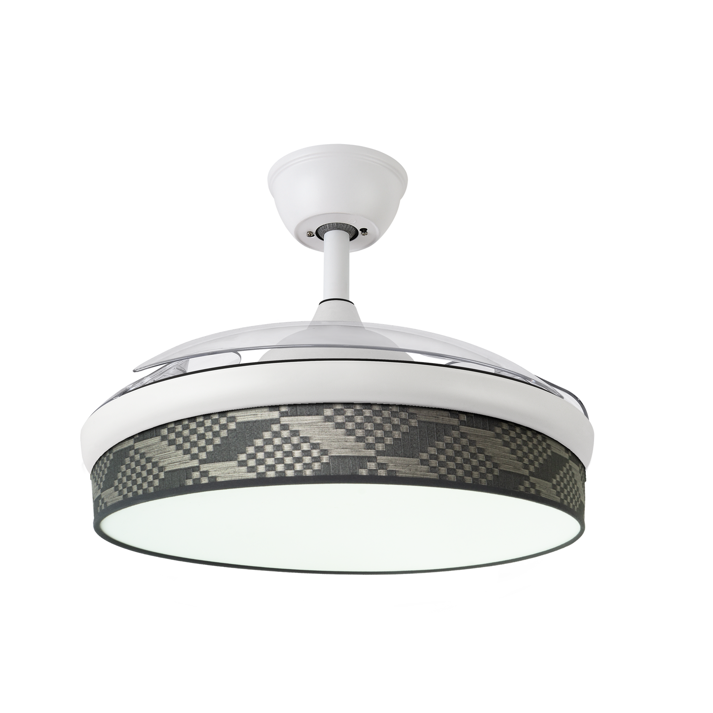 `alt=Ventilador de techo DC Moda 72W de Abrila en blanco y gris con aspas retráctiles, iluminación LED ajustable y motor DC para uso interior doméstico`