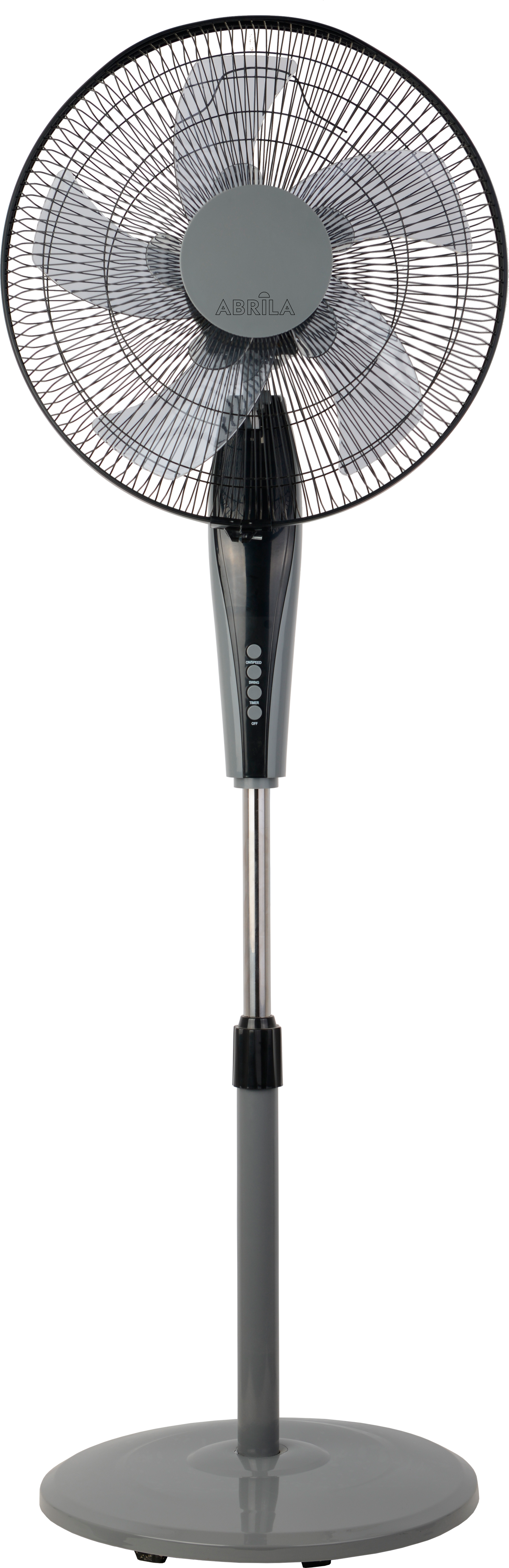 Ventilador de pie Borlon negro/gris de 55W de la marca Abrila, modelo 213941028. Diseño moderno y funcional para uso doméstico interior. Equipado con mando a distancia, oscilación, temporizador y tecnología ai2 para un control preciso y comodidad. Ideal para mantener una temperatura agradable en cualquier espacio.