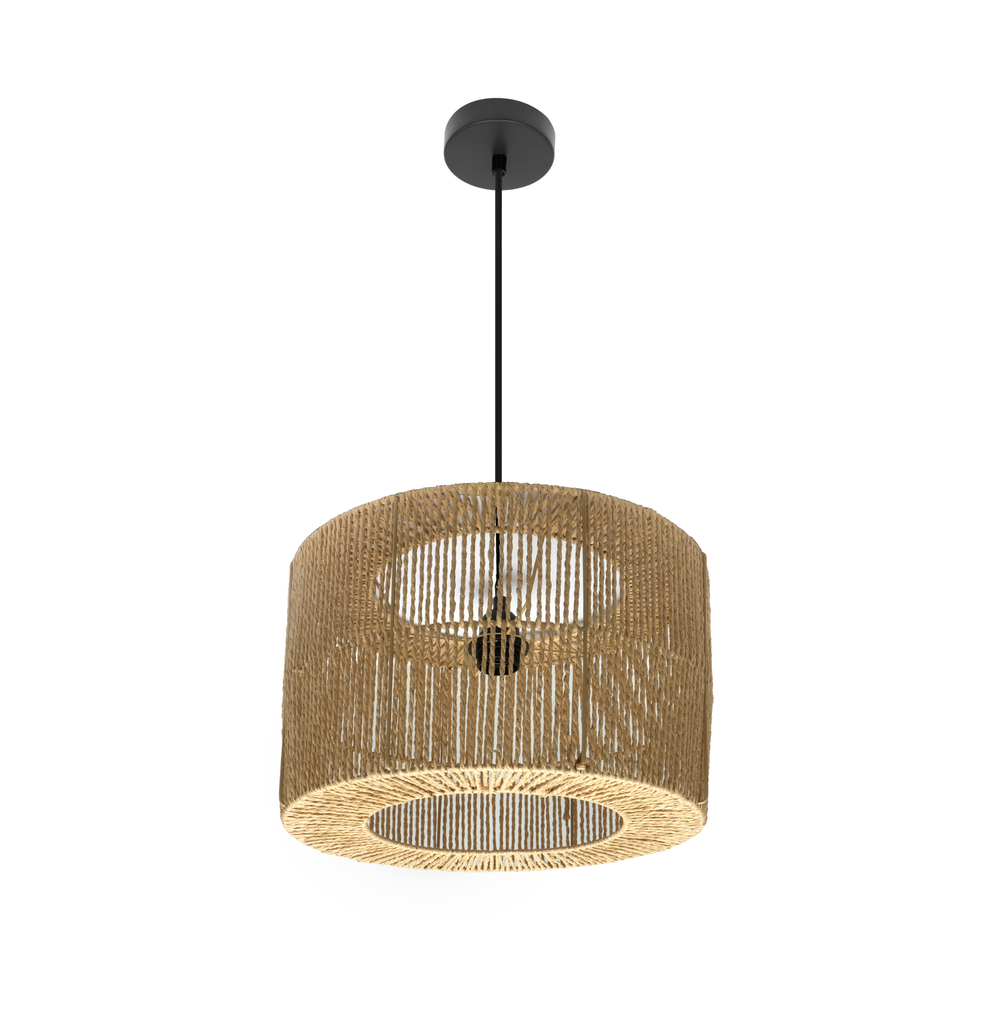 Lámpara colgante Pescara de Abrila en negro y natural, 38x38cm, diseño minimalista con cuerda de metal para decoración e iluminación interior doméstica