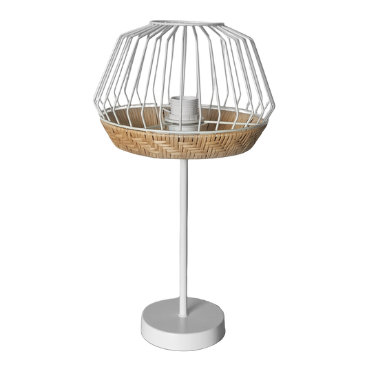 Lámpara de sobremesa Hugo en blanco natural de Abrila (218271068), diseño vintage rústico con metal y rattan para decoración interior farmhouse y doméstica