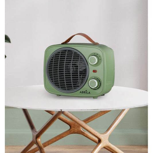 Termoventilador Hoguera 2000W de Abrila en verde y gris, calefactor portátil para interior con termostato regulable, ahorro de energía, seguridad antivuelco y diseño en metal y policarbonato (modelo 225822006)