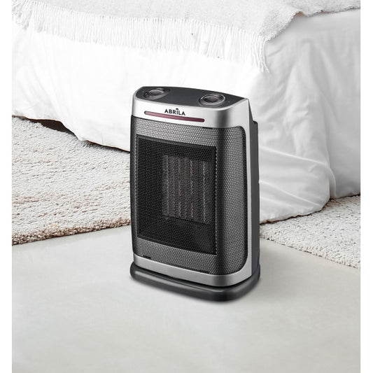Termoventilador cerámico PTC Fogon 1500W en color plata de Abrila, calefactor portátil doméstico con ahorro energético, tecnología PTC, seguridad antivuelco y función AI2 para calefacción eficiente.