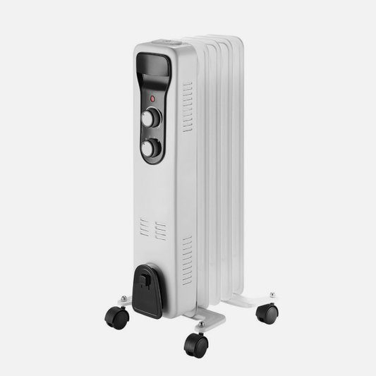 Radiador de aceite Brasilia 1000W blanco y negro Abrila, modelo portátil con termostato regulable, antivuelco y calefacción eficiente para interiores domésticos.