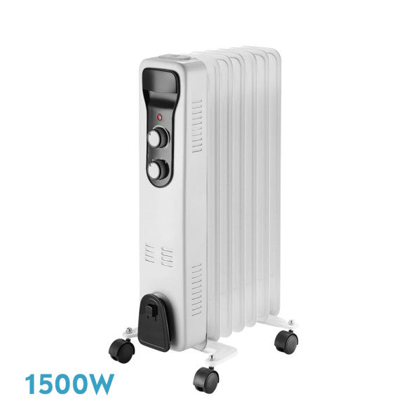 Radiador de aceite Brasilia 1500W de Abrila con 7 elementos, diseño blanco y negro, termostato regulable, función antivuelco y portátil para calefacción eficiente en el hogar.