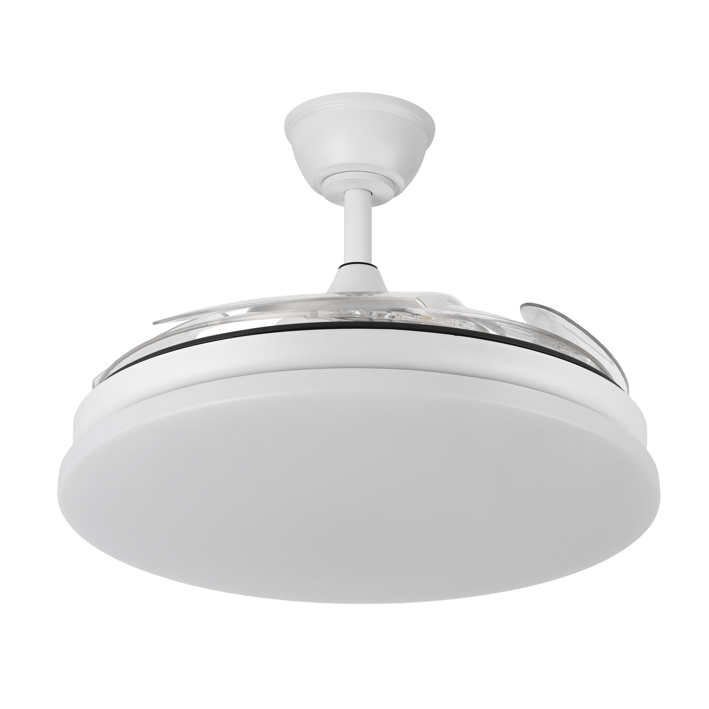 Ventilador de techo Tridente Blanco 59W de Abrila con LED integrado y aspas retráctiles, modelo 236391301. Ideal para uso doméstico interior, regulable en intensidad y adecuado para ventilación en verano e invierno.