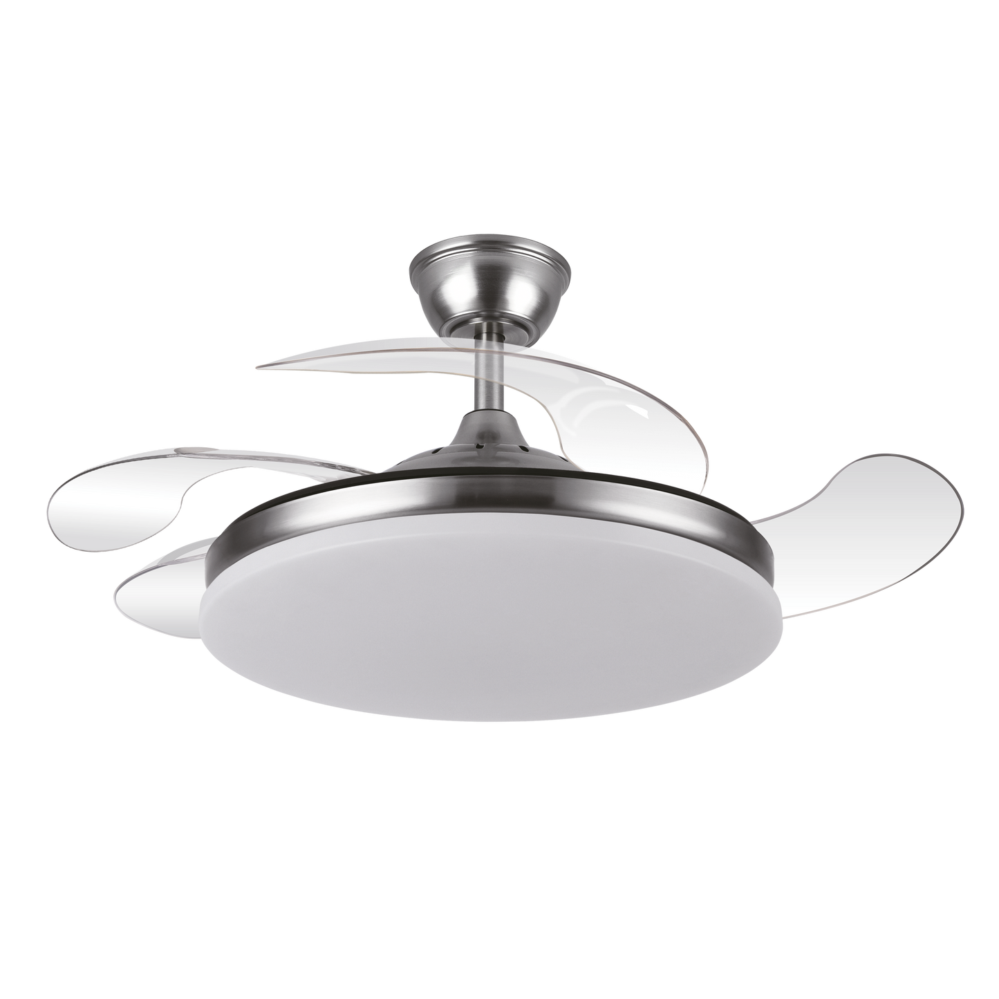 Ventilador de techo Tridente con aspas retráctiles en acabado níquel, modelo Abrila 236391303. Diseñado para uso doméstico interior, con iluminación LED regulable y eficiente ventilación para todo el año, verano e invierno.