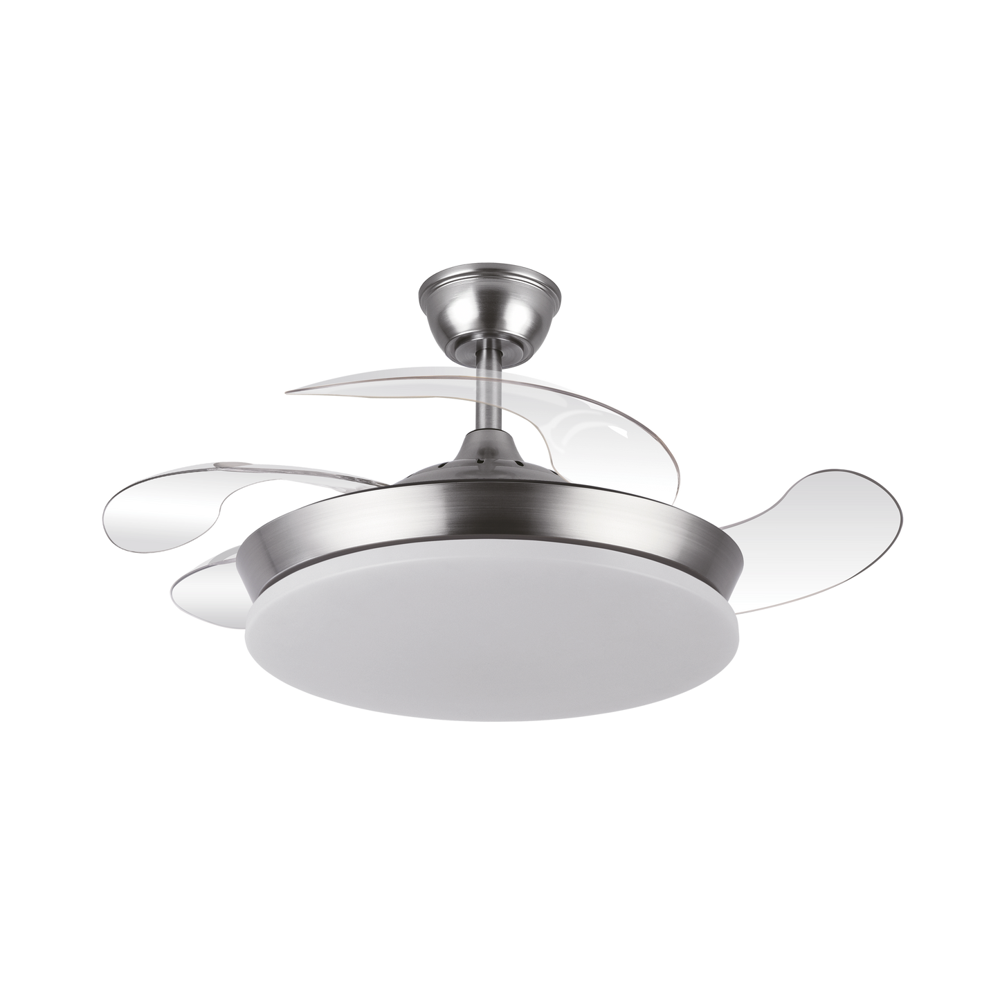 Ventilador de techo Tridente Mini en color níquel, modelo Abrila 236399003. Diseño moderno con aspas retráctiles y motor DC para un funcionamiento silencioso. Incluye iluminación LED integrada con regulación de intensidad, ideal para uso doméstico en interiores. Potencia de 59W, perteneciente a la serie AI2.