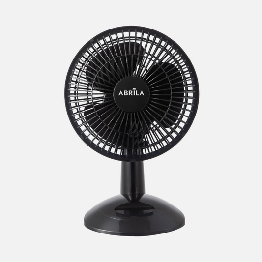 Compact desk fan Pizarro Mini in black, 20W power, from Abrila brand (model 238071009), featuring metal and polycarbonate construction for indoor home use, portable and efficient cooling device.