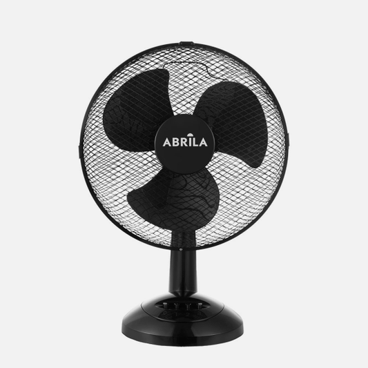 Ventilador sobremesa Pizarro mediano negro de Abrila, con 3 velocidades, 35W de potencia, estructura en metal y policarbonato, orientable para uso doméstico interior, modelo 238071209.
