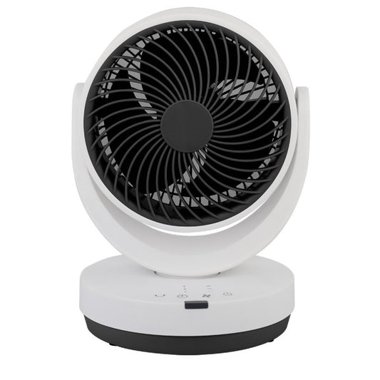 Ventilador sobremesa Loira de Abrila en blanco y negro, 35W, con mando a distancia, temporizador y diseño en metal y policarbonato para uso doméstico interior.