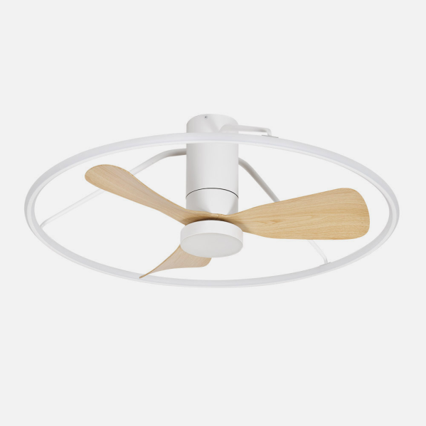 Ventilador de techo DC Oporto en acabado blanco y haya de 84 cm con motor eficiente, LED integrado y control remoto, modelo Abrila 243691368 para interiores domésticos con ahorro energético.