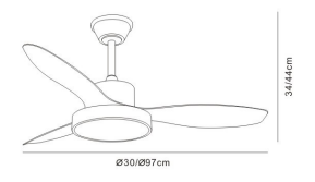 Medidas Ventilador con Luz Ginna-S de Pb Lighting (Ginna S) en color Madera, 97cm, con potente luz LED 36W CCT - Ref PB80266.
