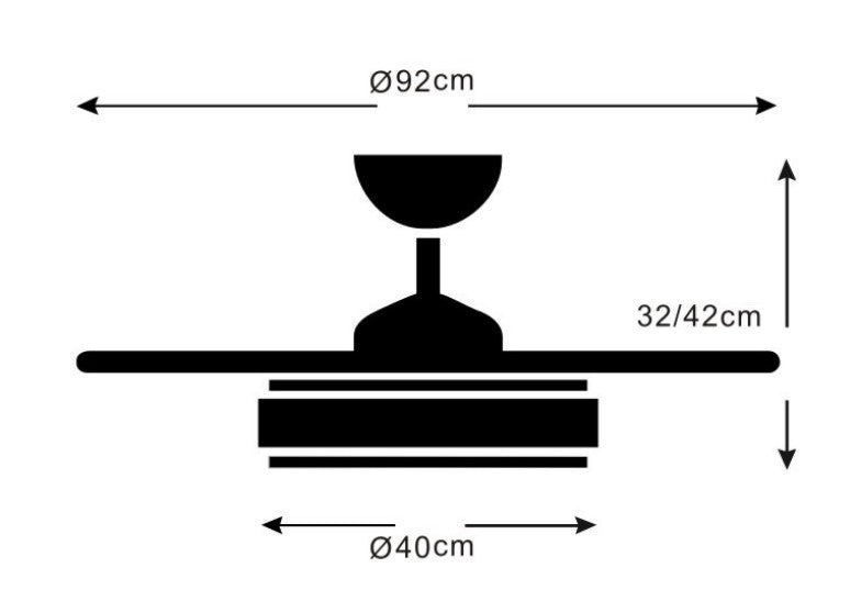 MEDIDAS Ventilador de techo con luz LED AGATA-S de PB Lighting (Colección Agata-S) en color CROMO MATE con 4 aspas y mando a distancia - Ref PB60312.